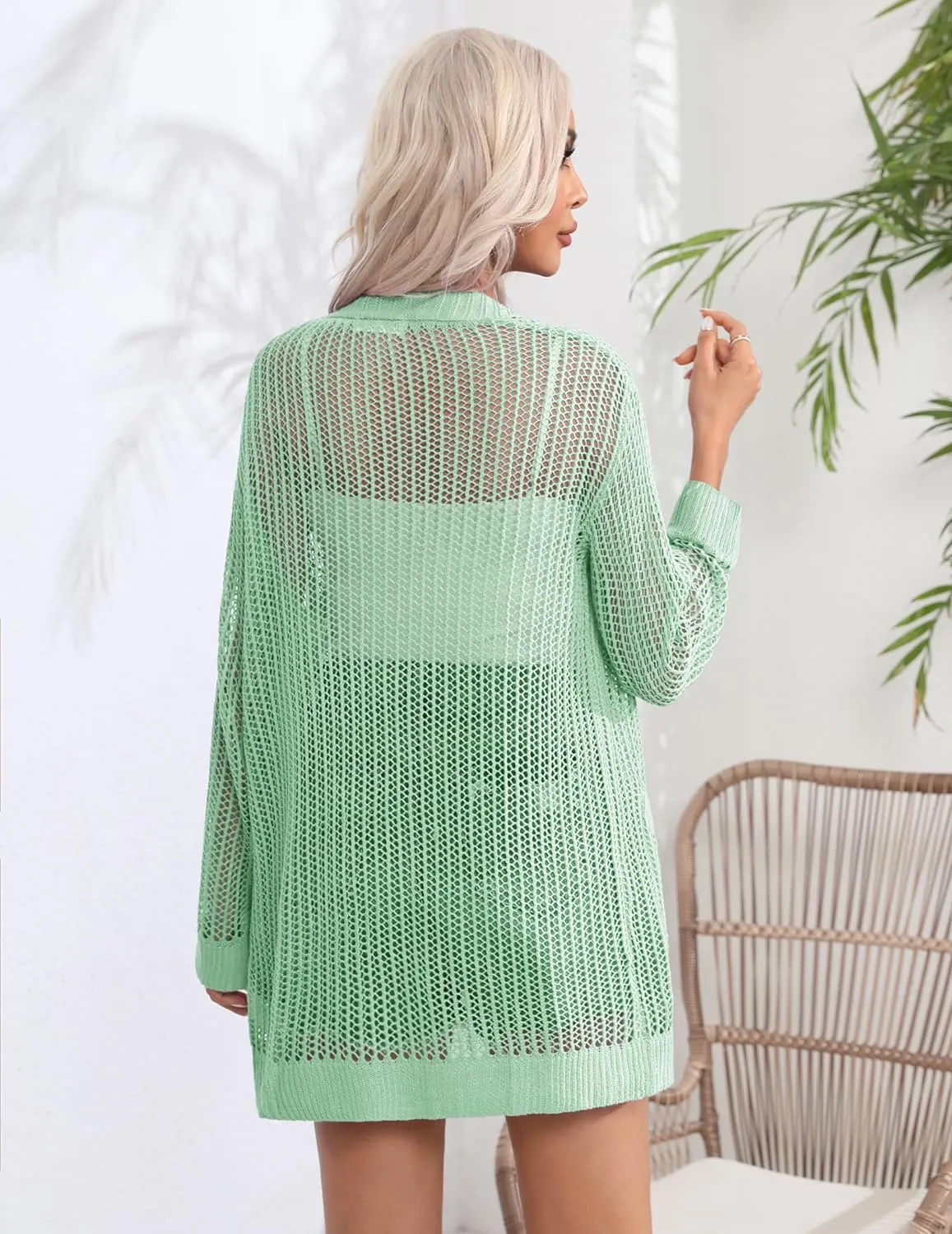 Zeagoo Women 2024 Lightweight Crochet Cardigan Long Sleeve Open Front Knit Sweater Summer Kimono Cover Up with Pockets