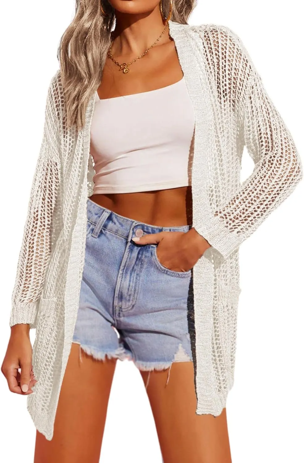 Zeagoo Women 2024 Lightweight Crochet Cardigan Long Sleeve Open Front Knit Sweater Summer Kimono Cover Up with Pockets