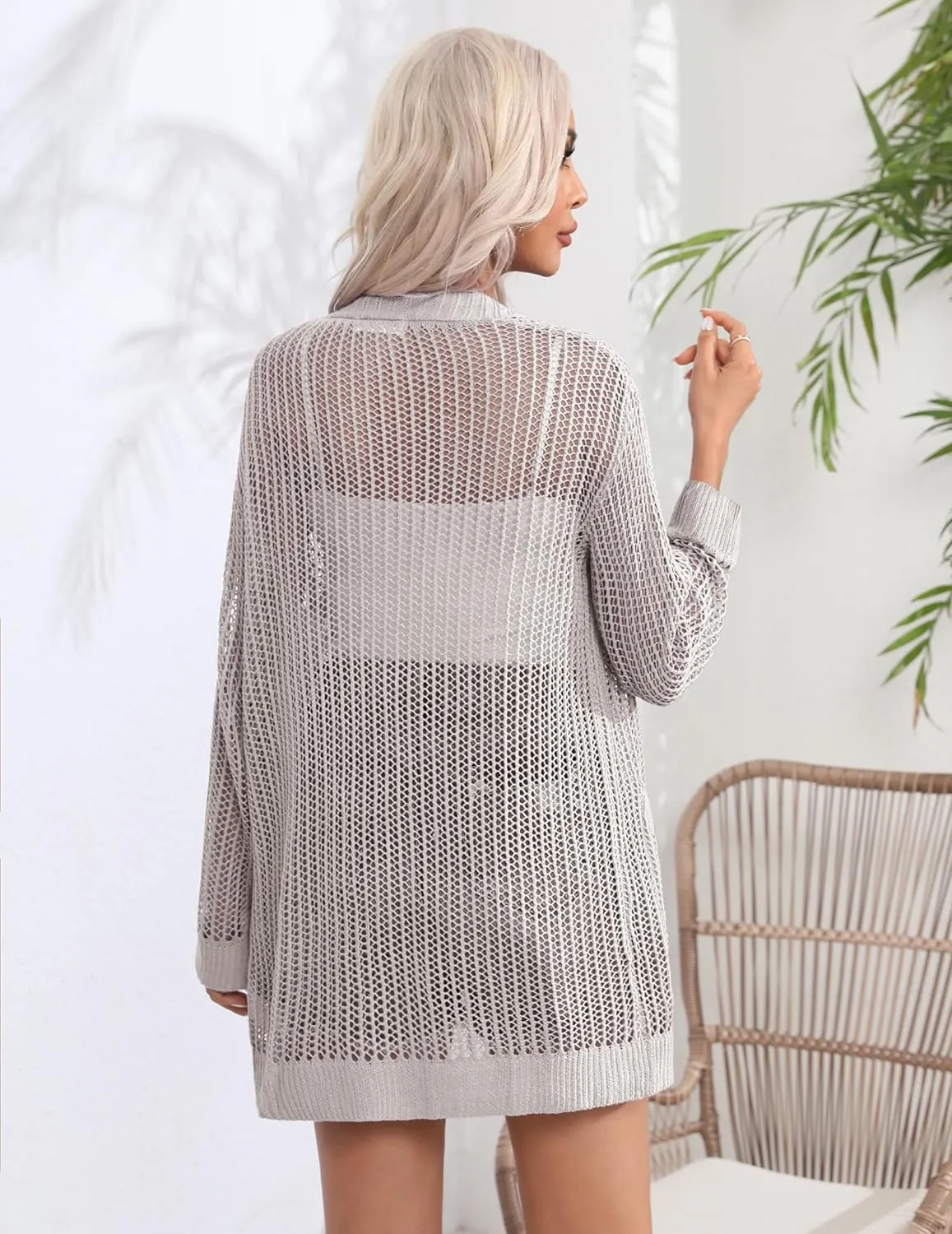 Zeagoo Women 2024 Lightweight Crochet Cardigan Long Sleeve Open Front Knit Sweater Summer Kimono Cover Up with Pockets