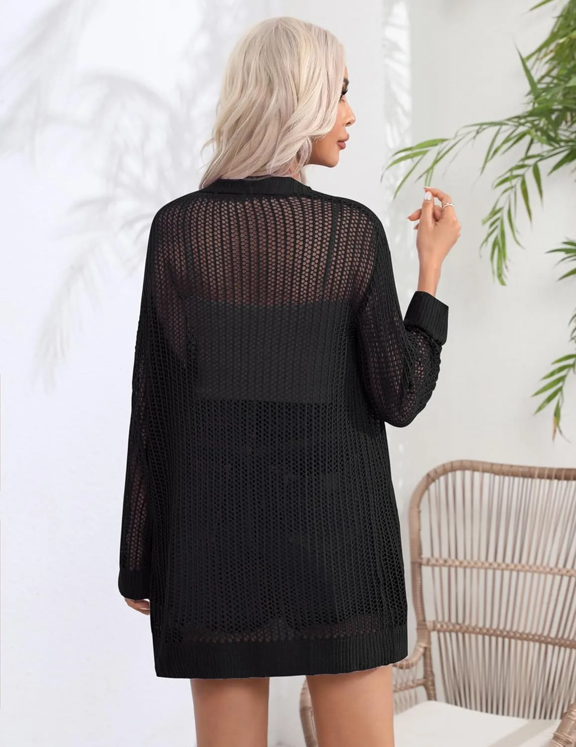 Zeagoo Women 2024 Lightweight Crochet Cardigan Long Sleeve Open Front Knit Sweater Summer Kimono Cover Up with Pockets