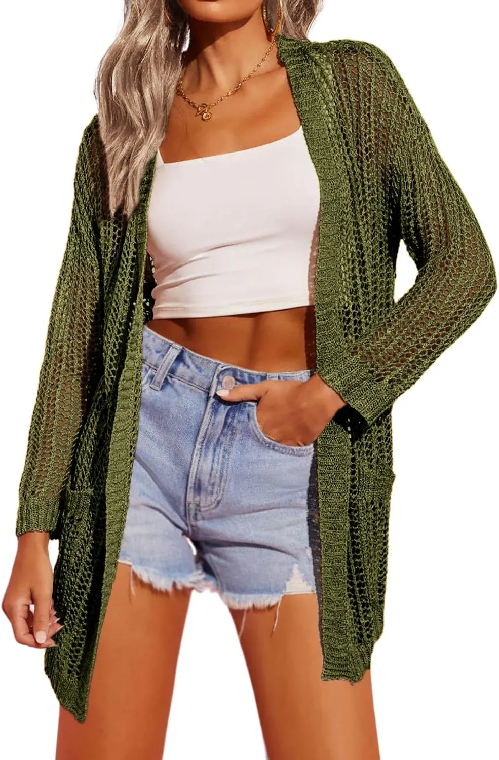 Zeagoo Women 2024 Lightweight Crochet Cardigan Long Sleeve Open Front Knit Sweater Summer Kimono Cover Up with Pockets