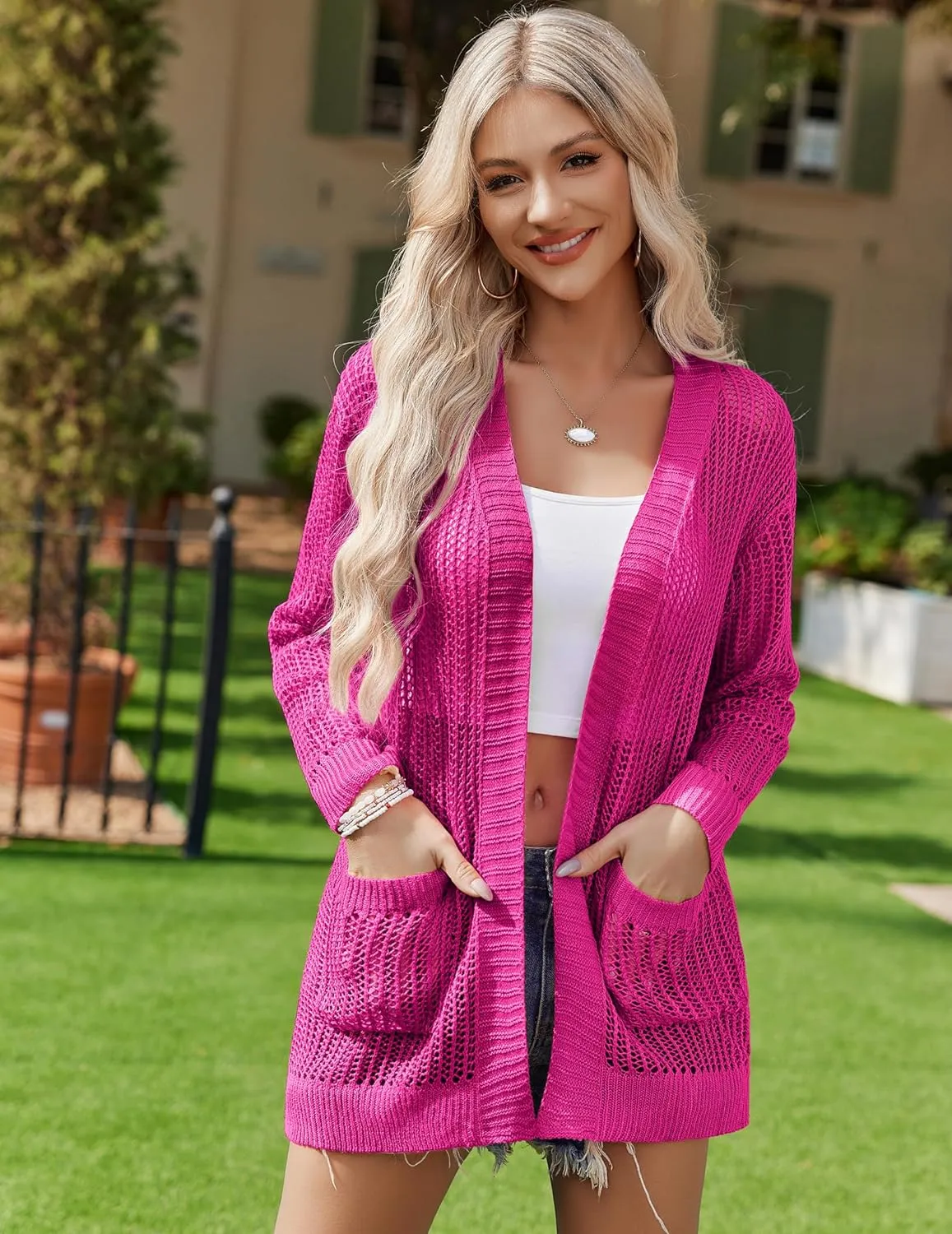 Zeagoo Women 2024 Lightweight Crochet Cardigan Long Sleeve Open Front Knit Sweater Summer Kimono Cover Up with Pockets