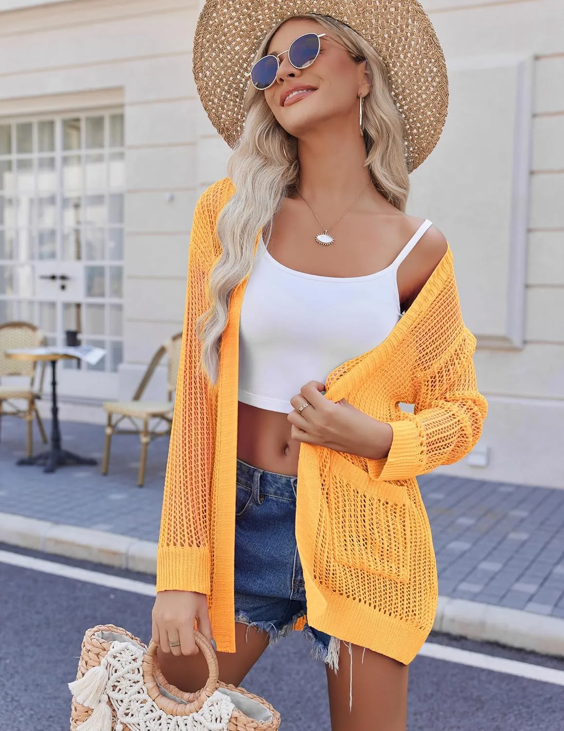 Zeagoo Women 2024 Lightweight Crochet Cardigan Long Sleeve Open Front Knit Sweater Summer Kimono Cover Up with Pockets
