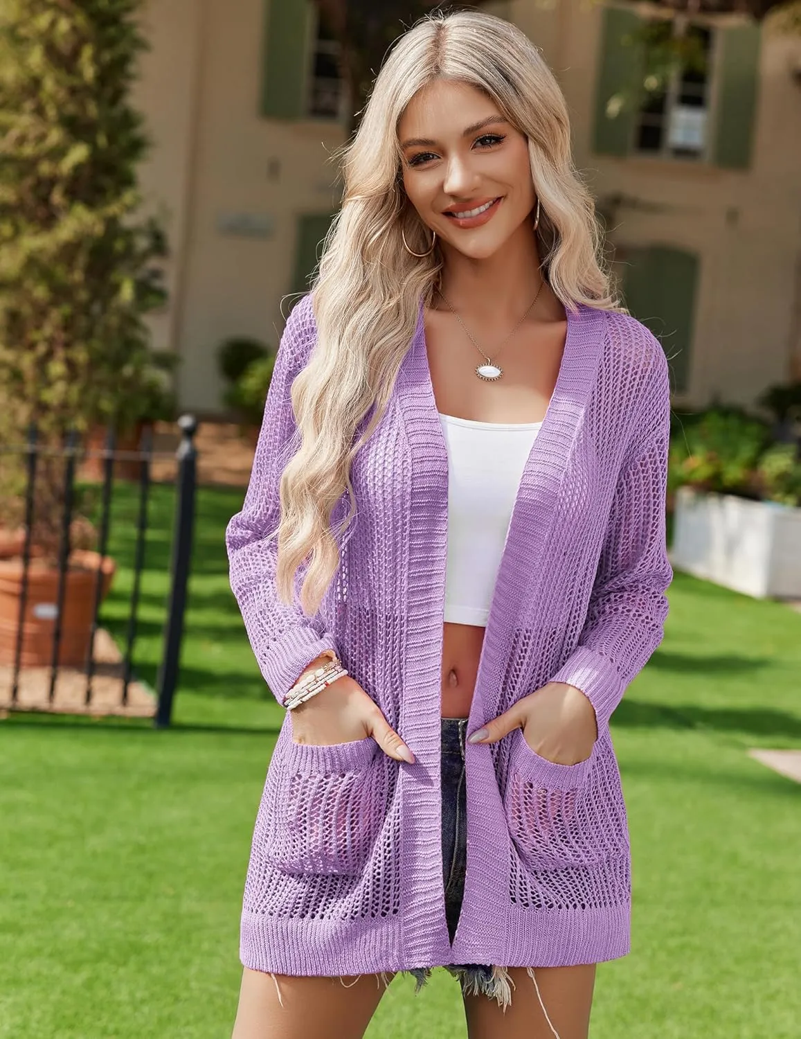 Zeagoo Women 2024 Lightweight Crochet Cardigan Long Sleeve Open Front Knit Sweater Summer Kimono Cover Up with Pockets