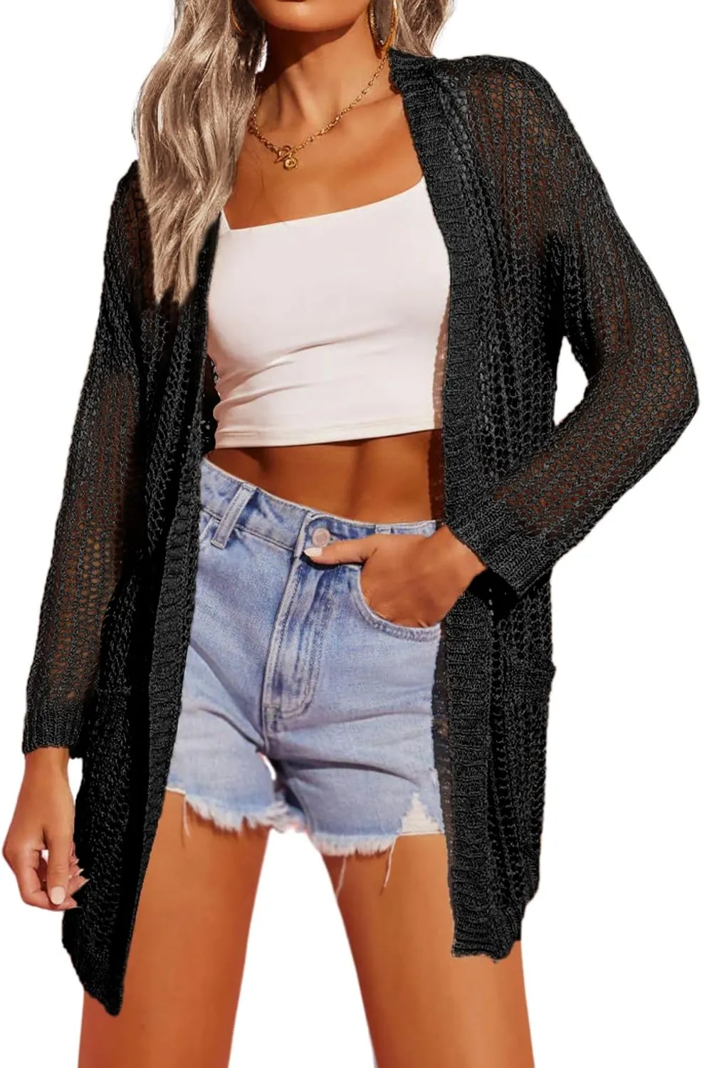 Zeagoo Women 2024 Lightweight Crochet Cardigan Long Sleeve Open Front Knit Sweater Summer Kimono Cover Up with Pockets