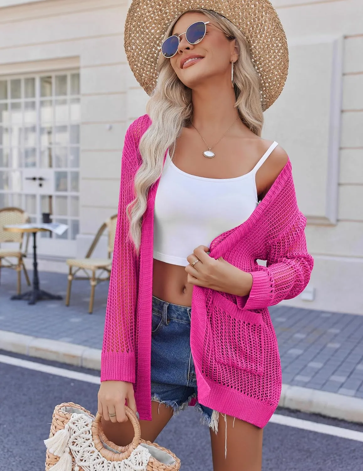 Zeagoo Women 2024 Lightweight Crochet Cardigan Long Sleeve Open Front Knit Sweater Summer Kimono Cover Up with Pockets