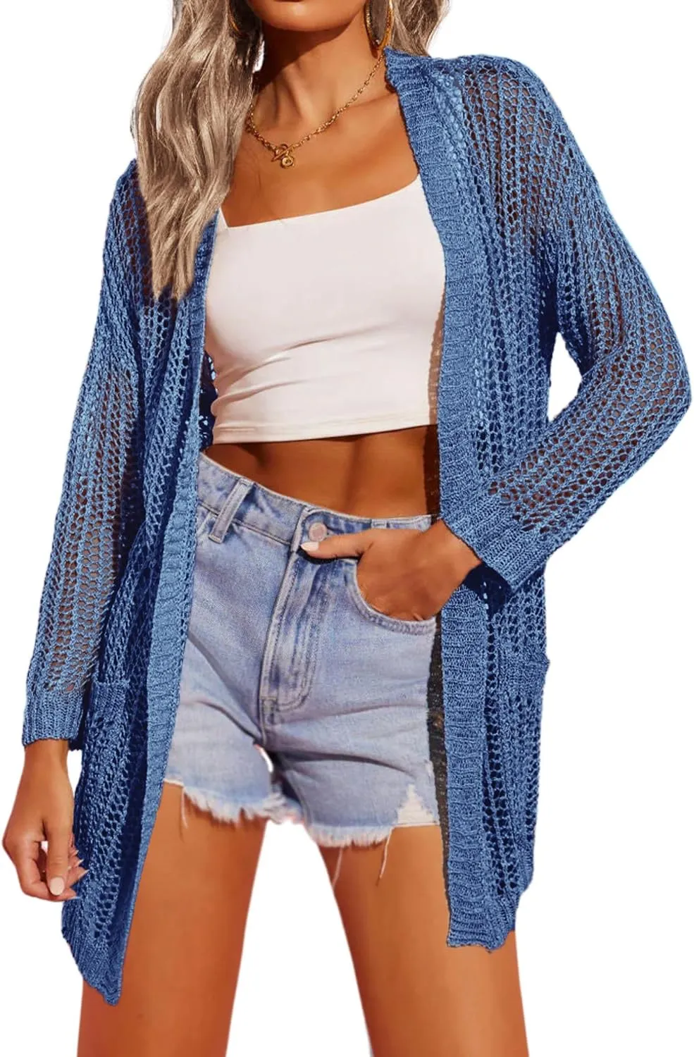Zeagoo Women 2024 Lightweight Crochet Cardigan Long Sleeve Open Front Knit Sweater Summer Kimono Cover Up with Pockets