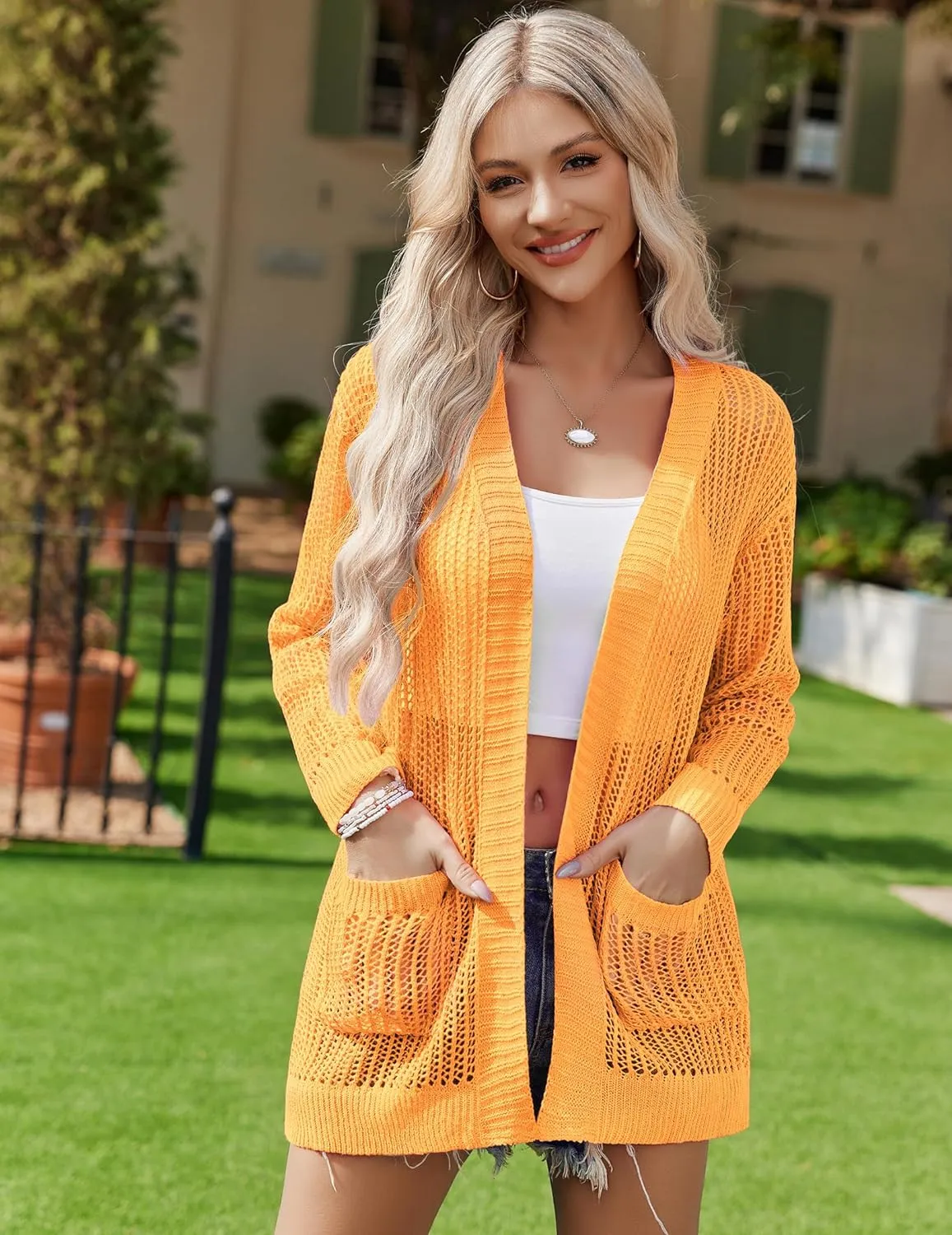 Zeagoo Women 2024 Lightweight Crochet Cardigan Long Sleeve Open Front Knit Sweater Summer Kimono Cover Up with Pockets