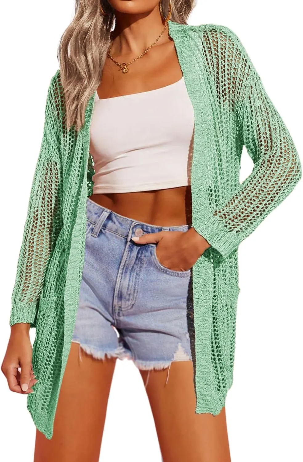 Zeagoo Women 2024 Lightweight Crochet Cardigan Long Sleeve Open Front Knit Sweater Summer Kimono Cover Up with Pockets