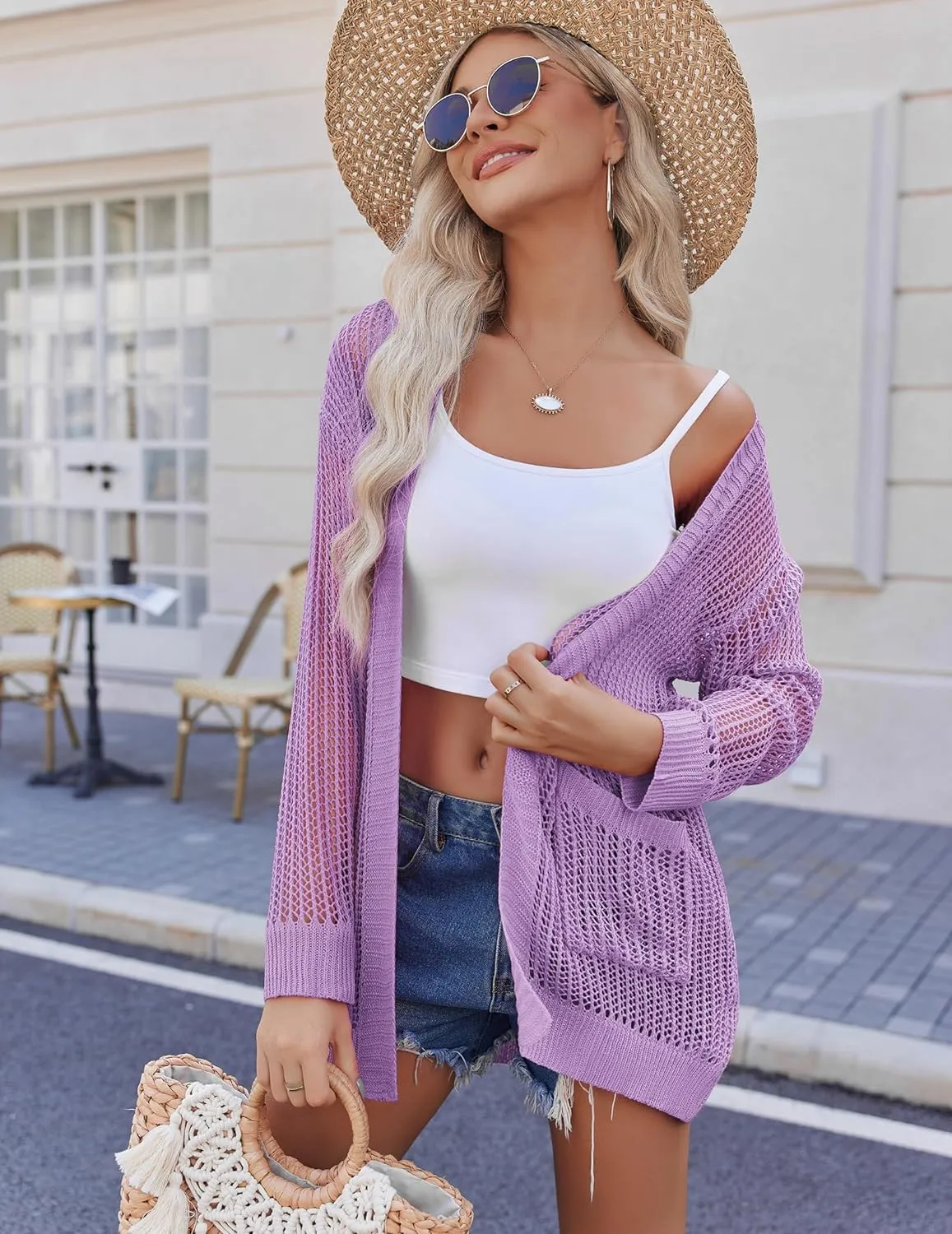 Zeagoo Women 2024 Lightweight Crochet Cardigan Long Sleeve Open Front Knit Sweater Summer Kimono Cover Up with Pockets