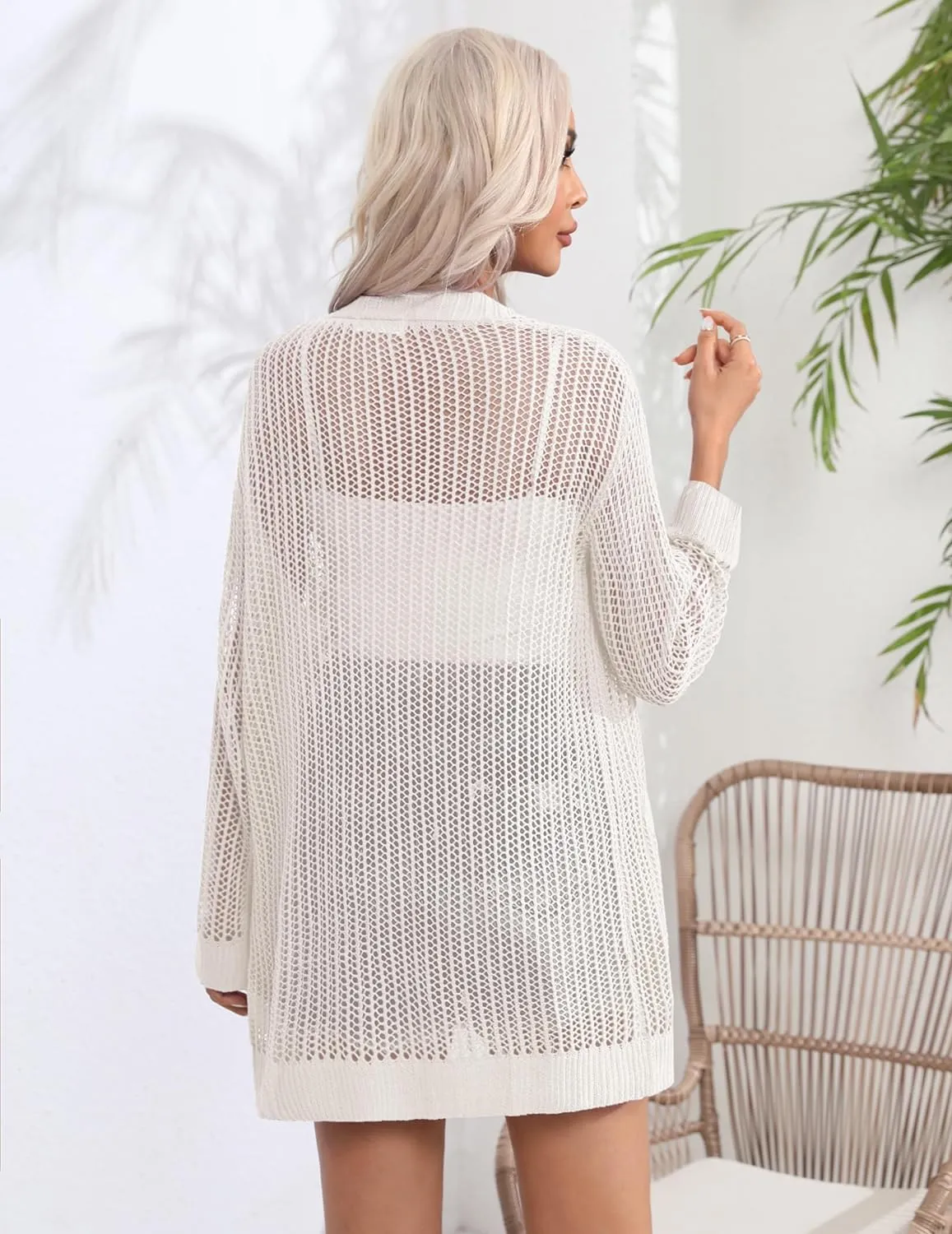 Zeagoo Women 2024 Lightweight Crochet Cardigan Long Sleeve Open Front Knit Sweater Summer Kimono Cover Up with Pockets