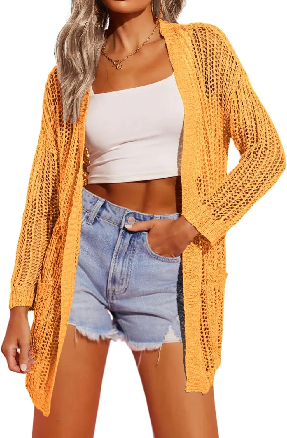 Zeagoo Women 2024 Lightweight Crochet Cardigan Long Sleeve Open Front Knit Sweater Summer Kimono Cover Up with Pockets