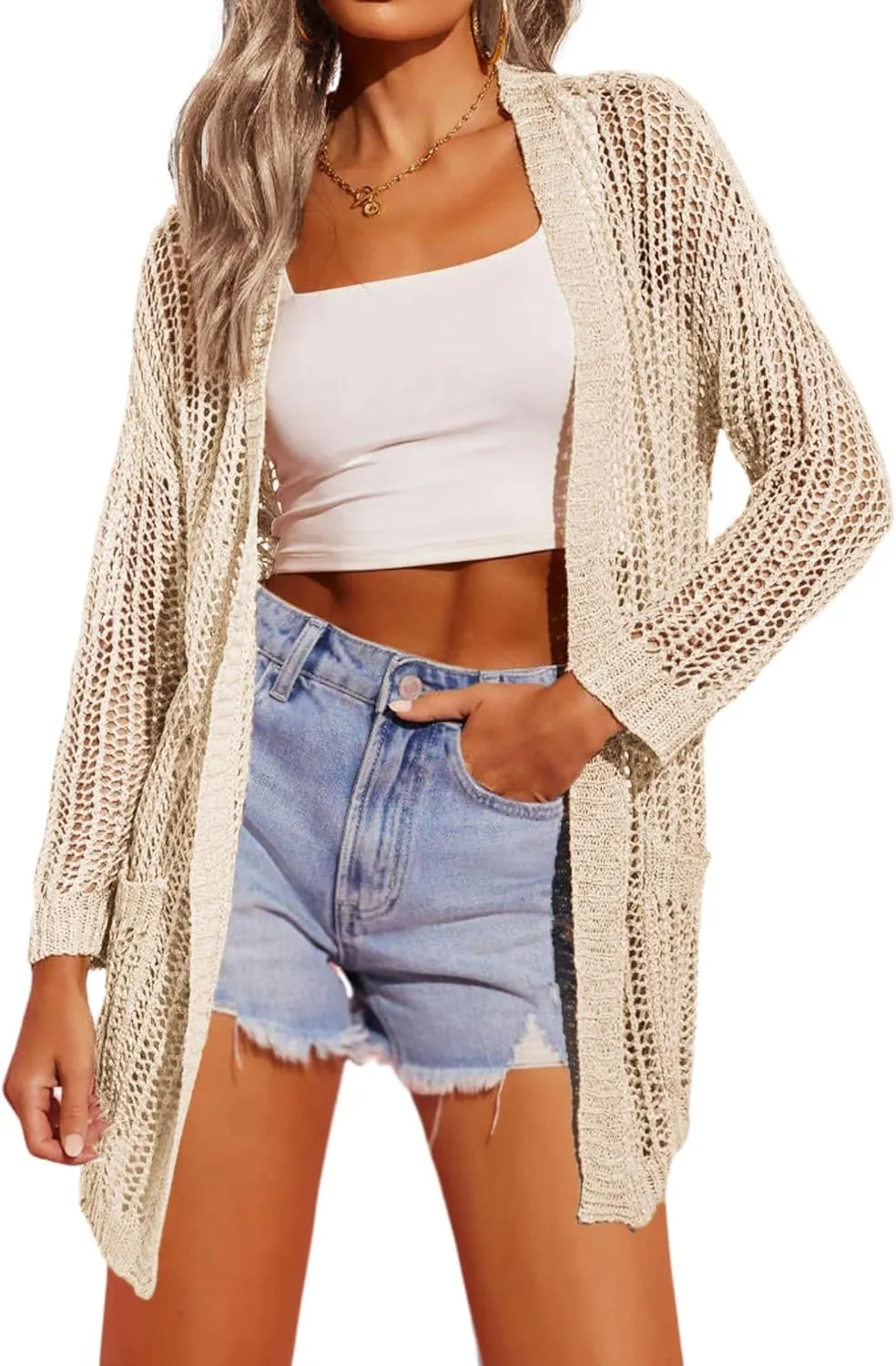 Zeagoo Women 2024 Lightweight Crochet Cardigan Long Sleeve Open Front Knit Sweater Summer Kimono Cover Up with Pockets