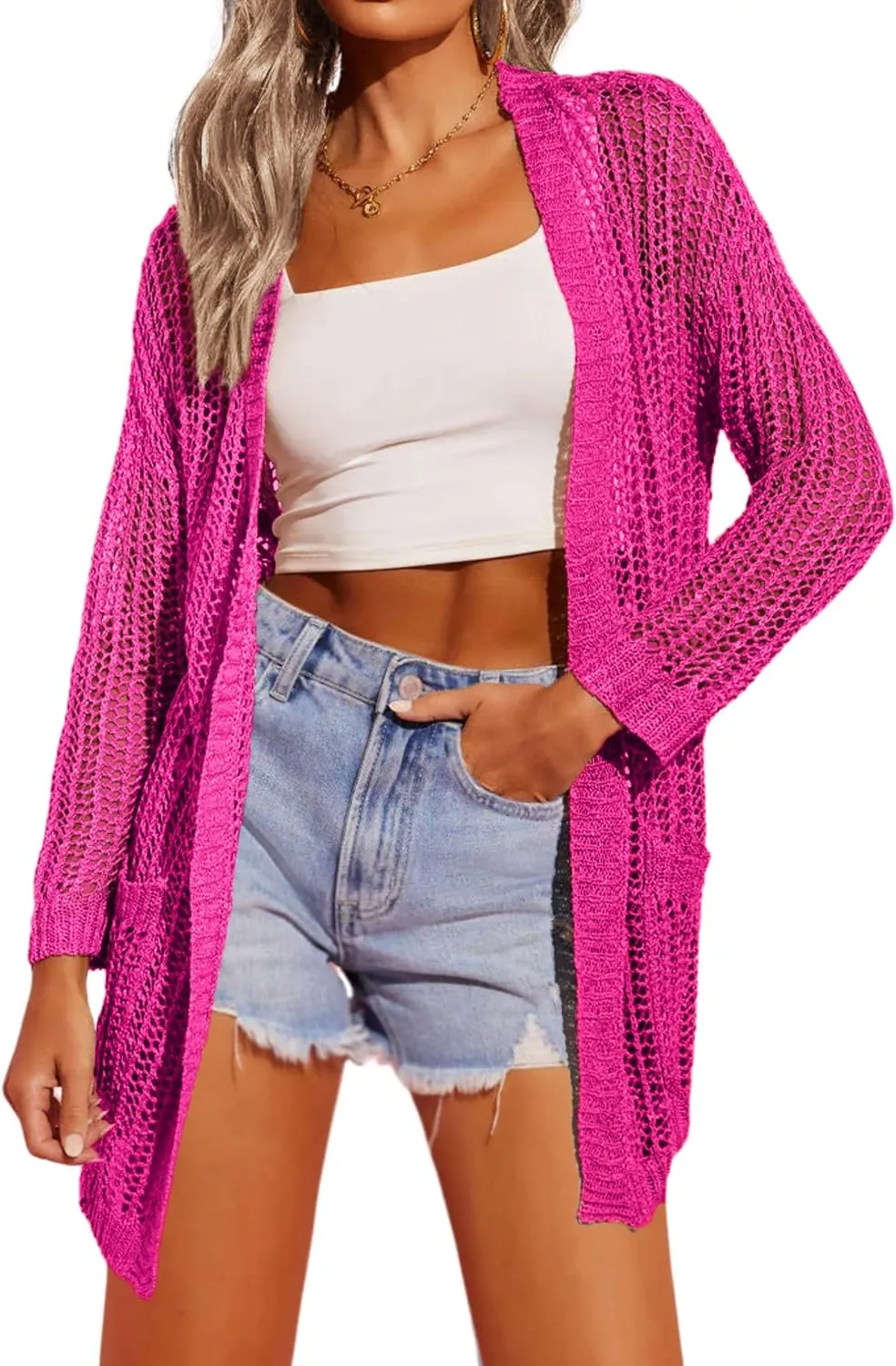 Zeagoo Women 2024 Lightweight Crochet Cardigan Long Sleeve Open Front Knit Sweater Summer Kimono Cover Up with Pockets